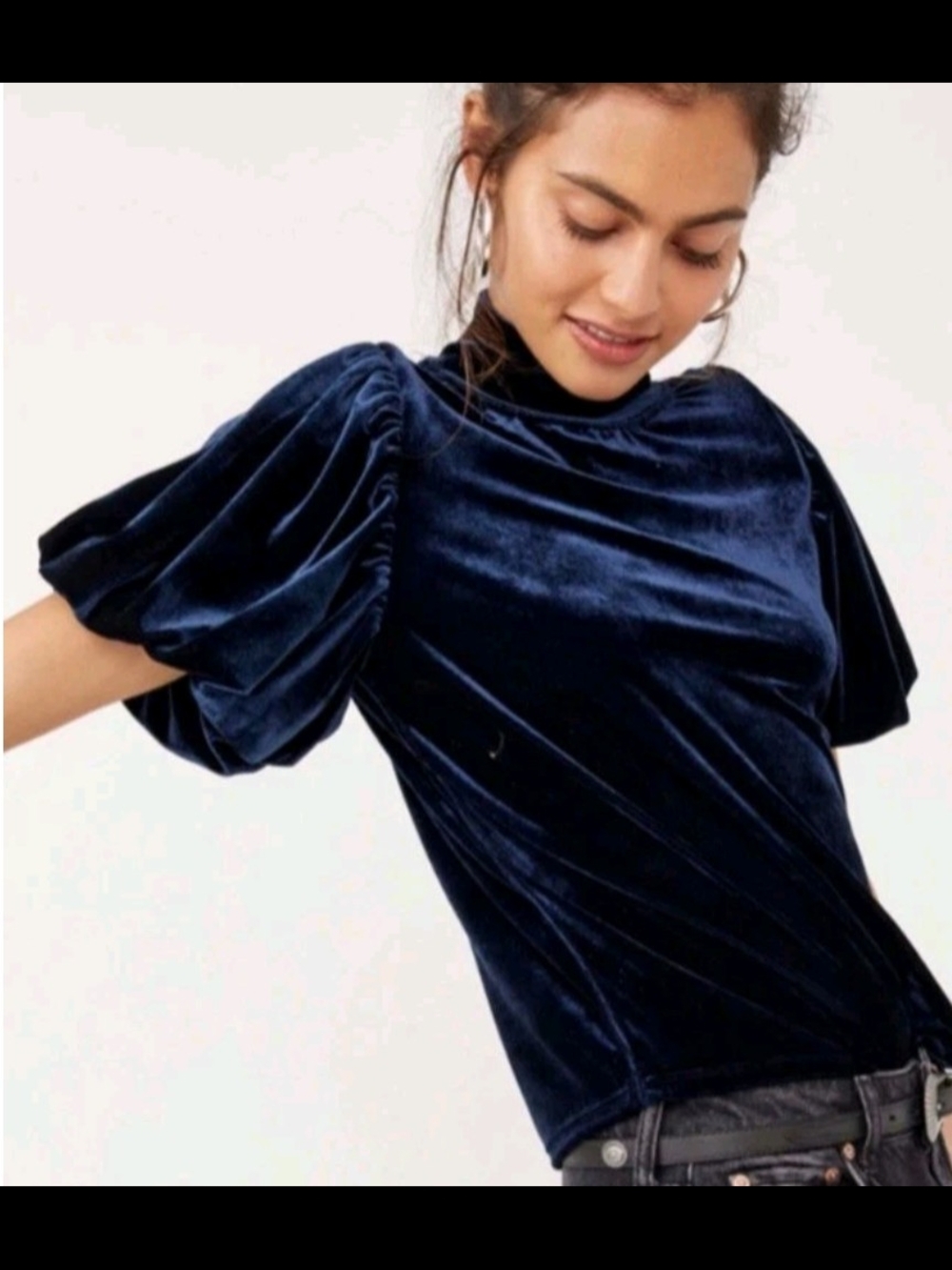 Free People Claudia velvet blouse with puff sleeves in a dark blue "Outerspace"